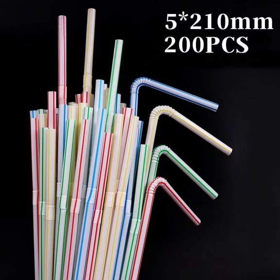 Vruelia 200-Pcs Flexible Drinking Straws Plastic Disposable Bendy Striped Straws - 8.2" High-Multicolor