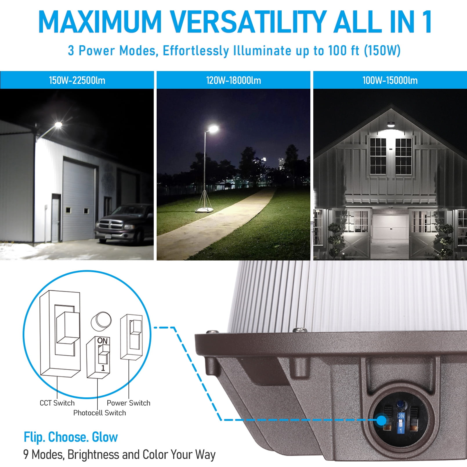 2 Pack 3CCT Adjustable LED Barn Light, 150W/120W/100W Selectable Dusk to Dawn Area Lights, 120-277V Outdoor Security Flood Lighting, IP65 Waterproof, Bronze