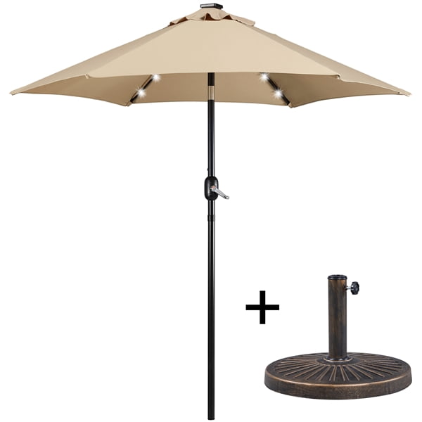 Alden Design 7.5FT LED Patio Umbrella with 6 Ribs & 18 LED Solar Lights + Patio Umbrella Base,Tan
