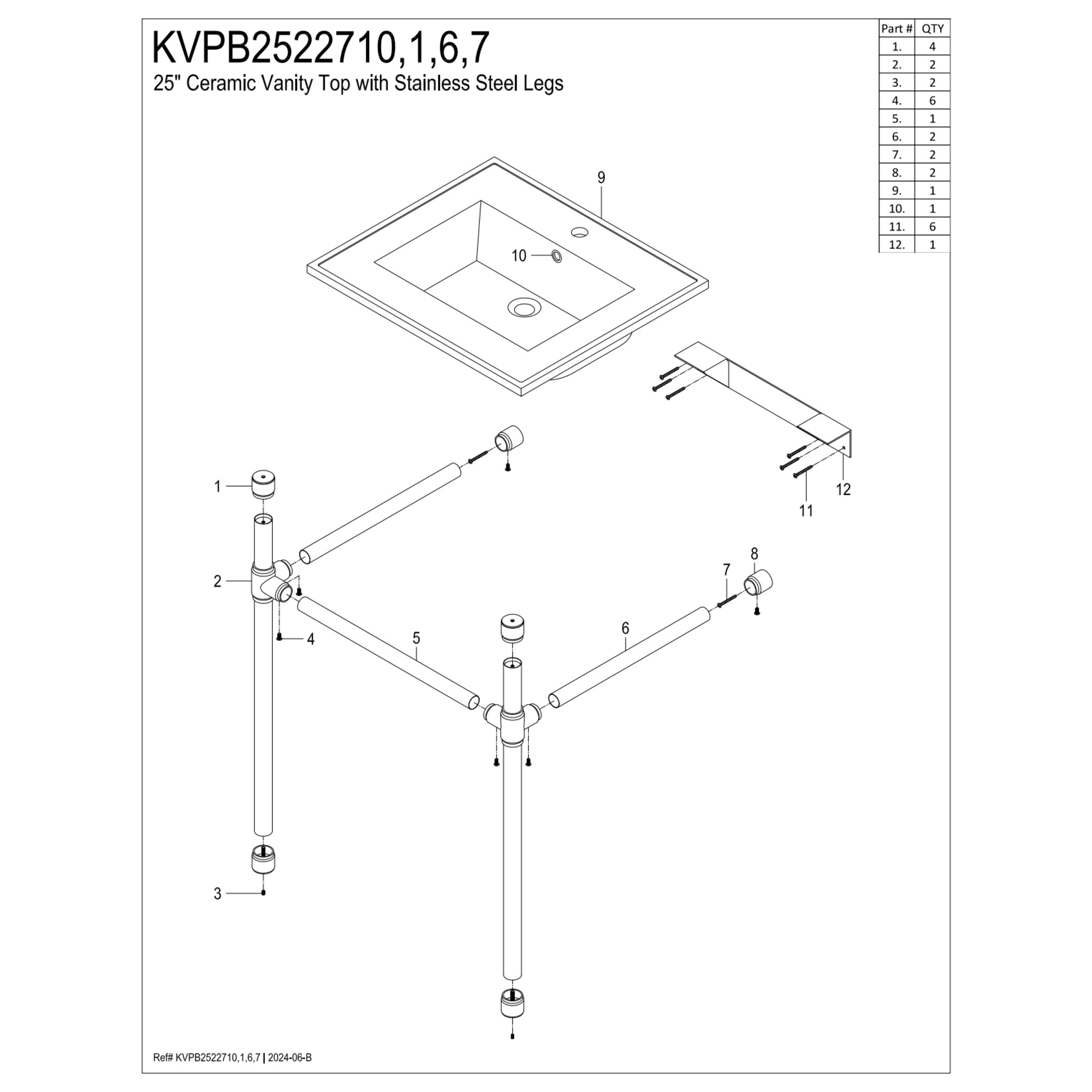 Kingston Brass KVPB2522717 Dreyfuss 25" Ceramic Console Sink with Stainless Steel Legs (1-Hole), White/Brushed Brass