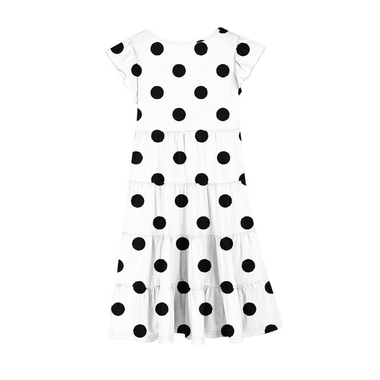 Ugoldhm Girls' Summer Polka Dot Fit & Flare Sundress Short Sleeve, Crew Neck, Casual Style for 6-15 Years, Girl's, Size: 10 Years, White