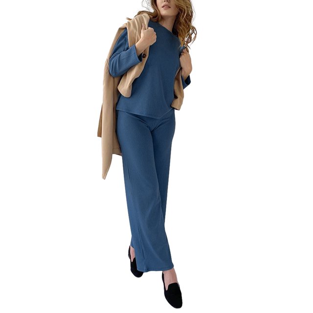 Mialoley Women’s Two Piece Pajama Set Long Sleeve Off Shoulder Knit Tops and Wide Leg Pants Set Loungewear