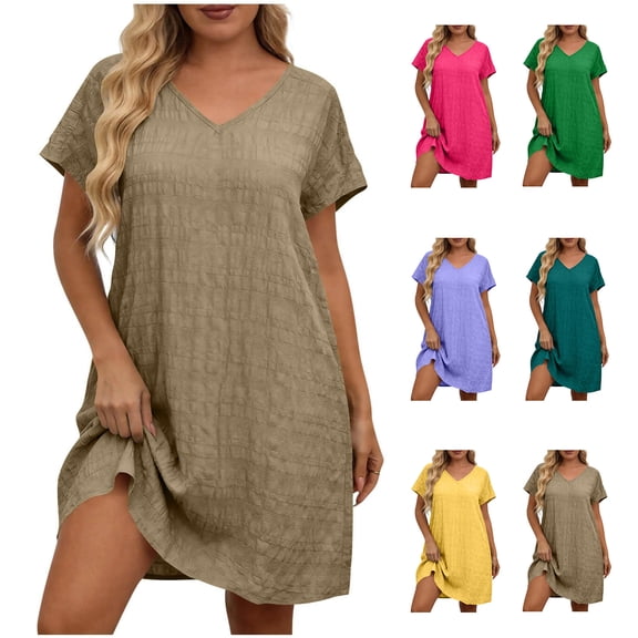 Nkmbld Women's Dress Plus Size Casual Solid Short Sleeved V-Neck Dress
