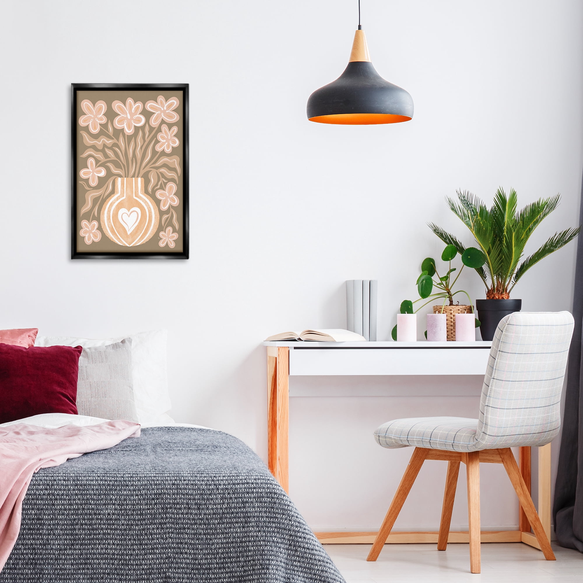 Stupell Industries Pink Retro Flower Vase Floral & Botanical Painting Black Floater Framed Canvas Art Print Wall Art, 17 x 25