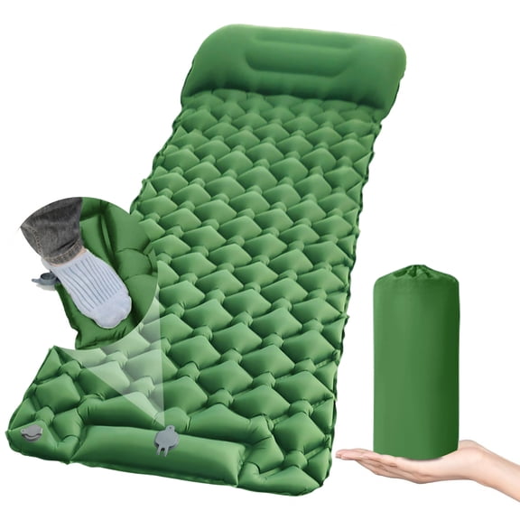 Eyotto Camping Sleeping Pad - Self Inflating, 74.8"L x 23.6"W Camping Mat Sleeping Pad with Pillow Built-in Foot Pump, Blow Up Portable Air Bed for Camping Hiking Travel, Green, Single Size