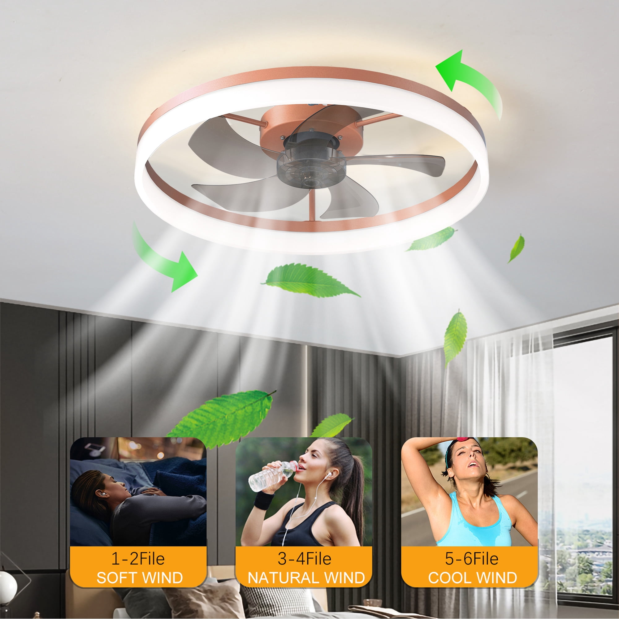 Aukfa 20" Bladeless Ceiling Fan with Light and Remote, Flush Mount Enclosed Design, Dimmable 3 LED Light Colors, Orange