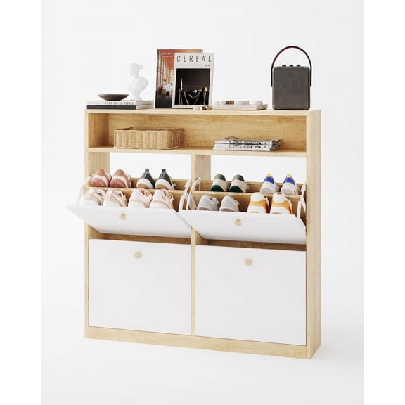 White MDF Shoe Storage Cabinet, 100 * 24 * 100 cm Flip Door Shoe Organizer, Modern Space-Saving Shoe Cabinet for Living Room, Entryway, Hallway