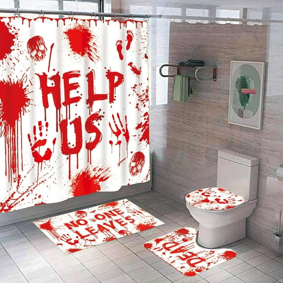 Halloween Shower Curtain Set, 4 Pcs Halloween Bathroom Set Bloody Halloween Shower Mat Scary Halloween Shower Curtain Non-Slip Halloween Rug Halloween Toilet Seat Cover and Bath Mat with Hooks