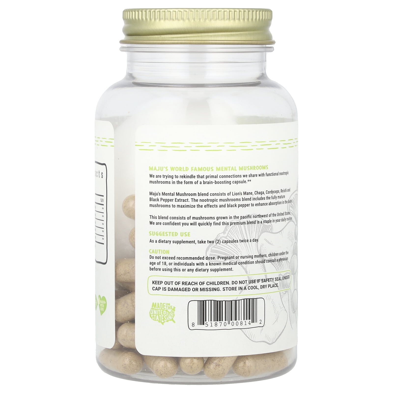 MAJU's Organic Mental Mushroom Capsules, 90 Count - Edible Extract Supplement w/ Lion's Mane, Cordyceps, Reishi & Chaga for Focus, Wellness & Immune Health