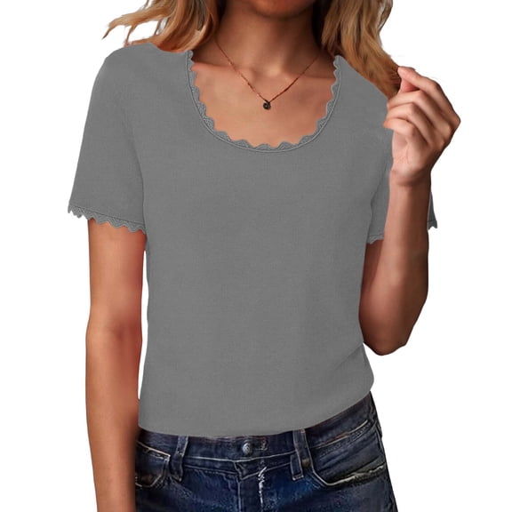 hoksml Women's Scalloped Trim U-Neck Short Sleeve T-Shirt, Slim Fit Casual Solid Color Top for Summer Layering Vacation