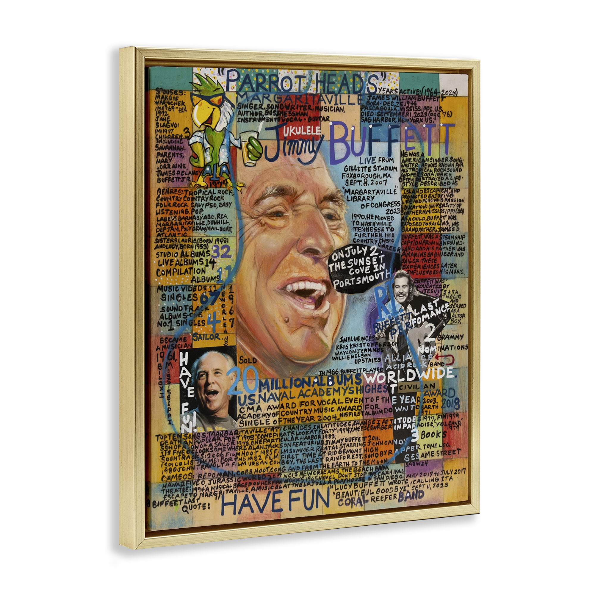 Stupell Industries Jimmy Buffet Collage People Drawing Gold Floater Framed Canvas Art Print Wall Art, 17 x 21
