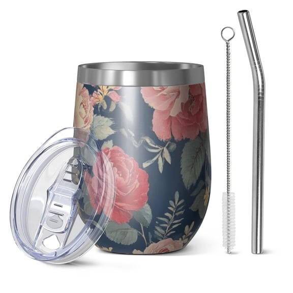 12oz Stemless Wine Tumblers Pioneer Flower Vacuum Insulated Stainless Steel Travel Tumbler Cups Mug with Lid and Straw for Champaign,Cocktail,Beer with Cleaning Brush