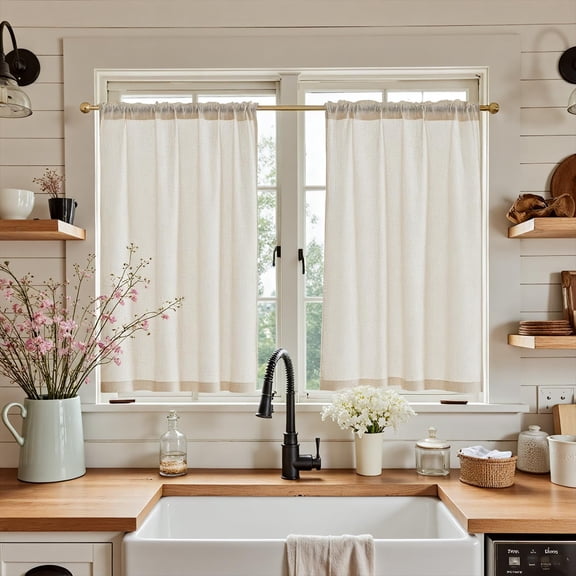 Cortinas de cocina Jinchan, hilera de lino, 45 cm, color beige, 2 paneles