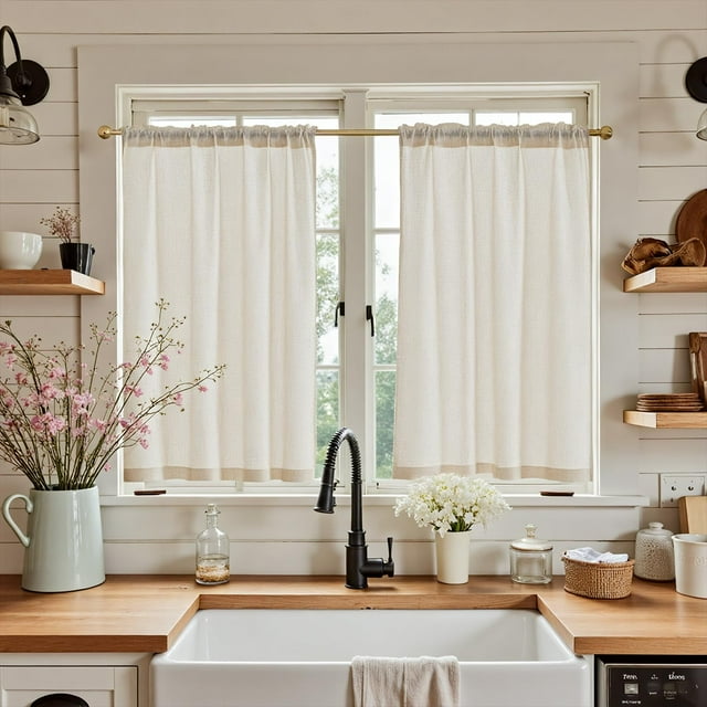 Cortinas de cocina Jinchan de lino beige, 60 x 70 cm, 2 paneles