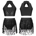 thumbnail image 3 of Traje de baile latino de Samba para niños y niñas, traje de baile con lentejuelas, Top con cuello Halter calado, pantalones cortos con flecos y lentejuelas, 3 of 5