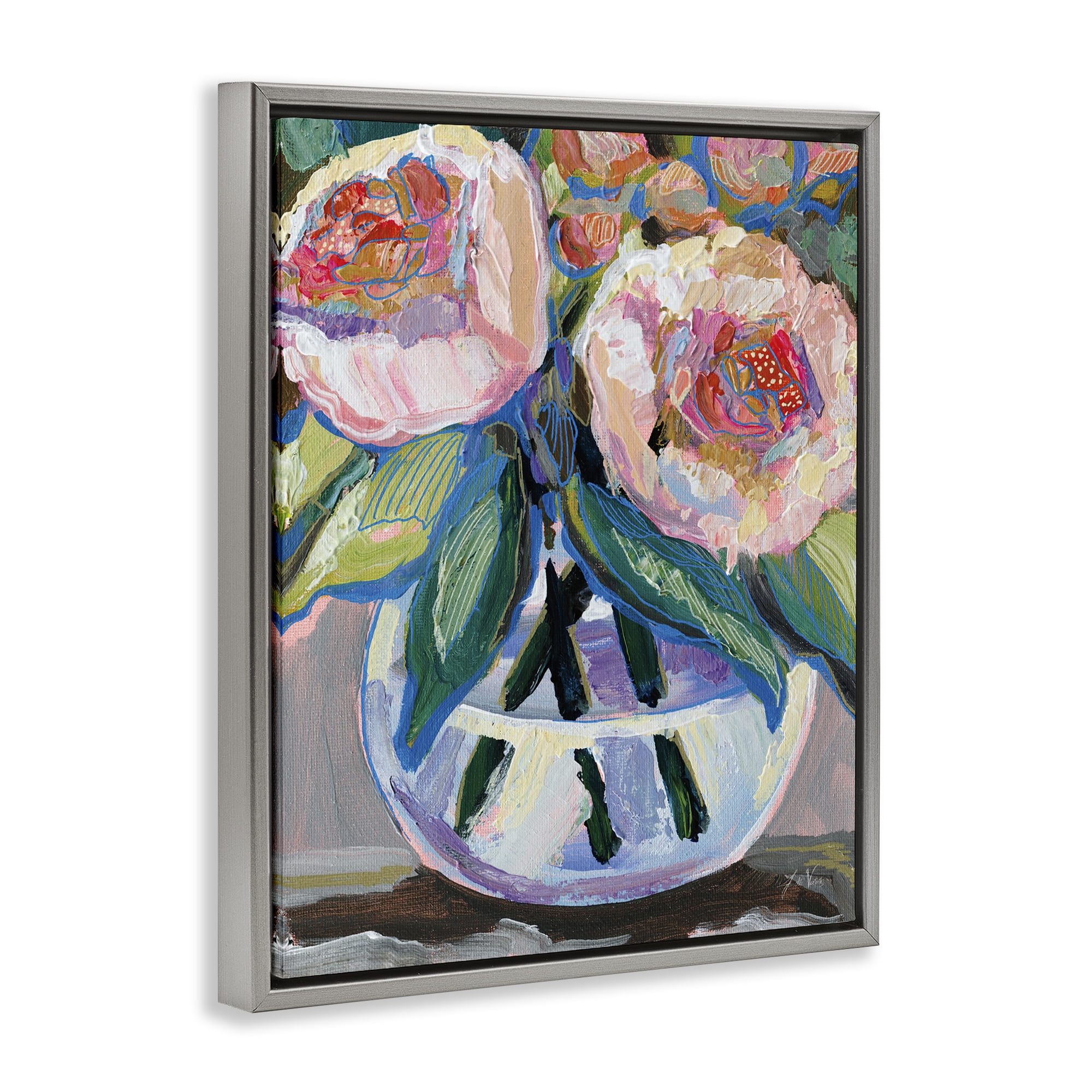 Stupell Industries Gifted Pink Peonies Plants & Flowers Painting Gray Floater Framed Canvas Art Print Wall Art, 17 x 21