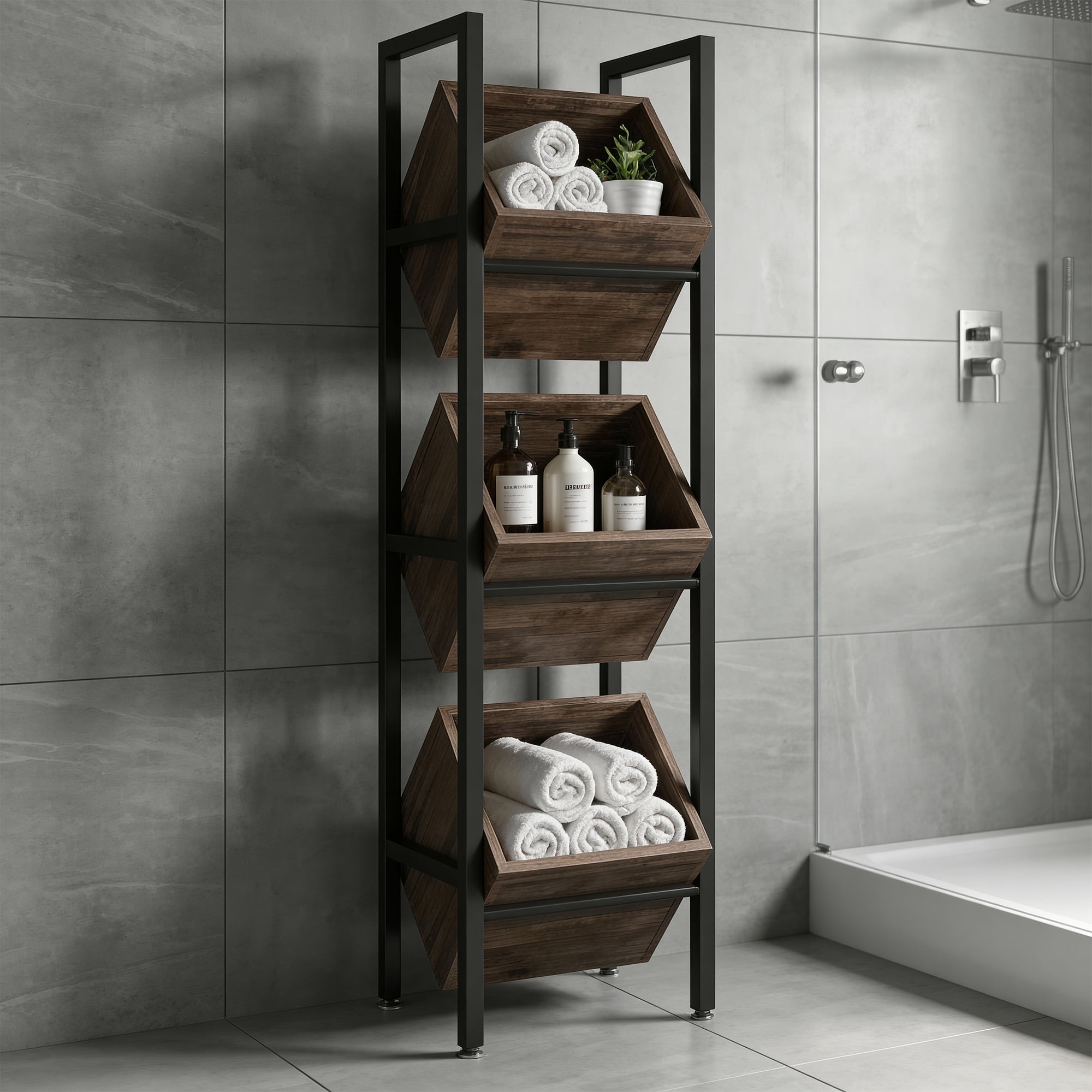 Kiootto  15" Industrial 3-Tier Storage Bin Organizer, Rustic Brown Wooden Vertical Stand with Angled Baskets for Kitchen, Pantry, and Bathroom, Black Frame