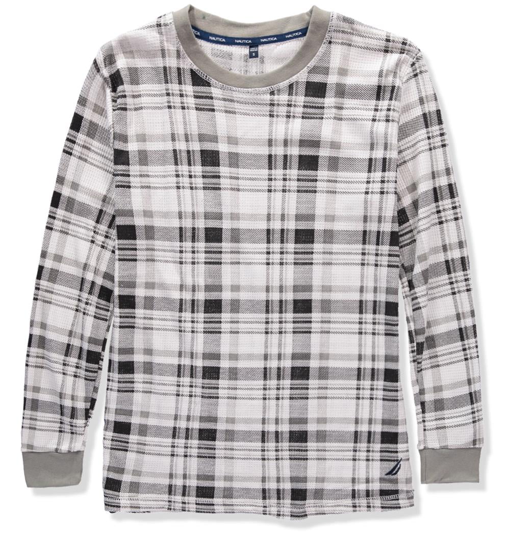 Nautica Mens Waffle Thermal Crew Neck Long Sleeve Top (Plaid Large