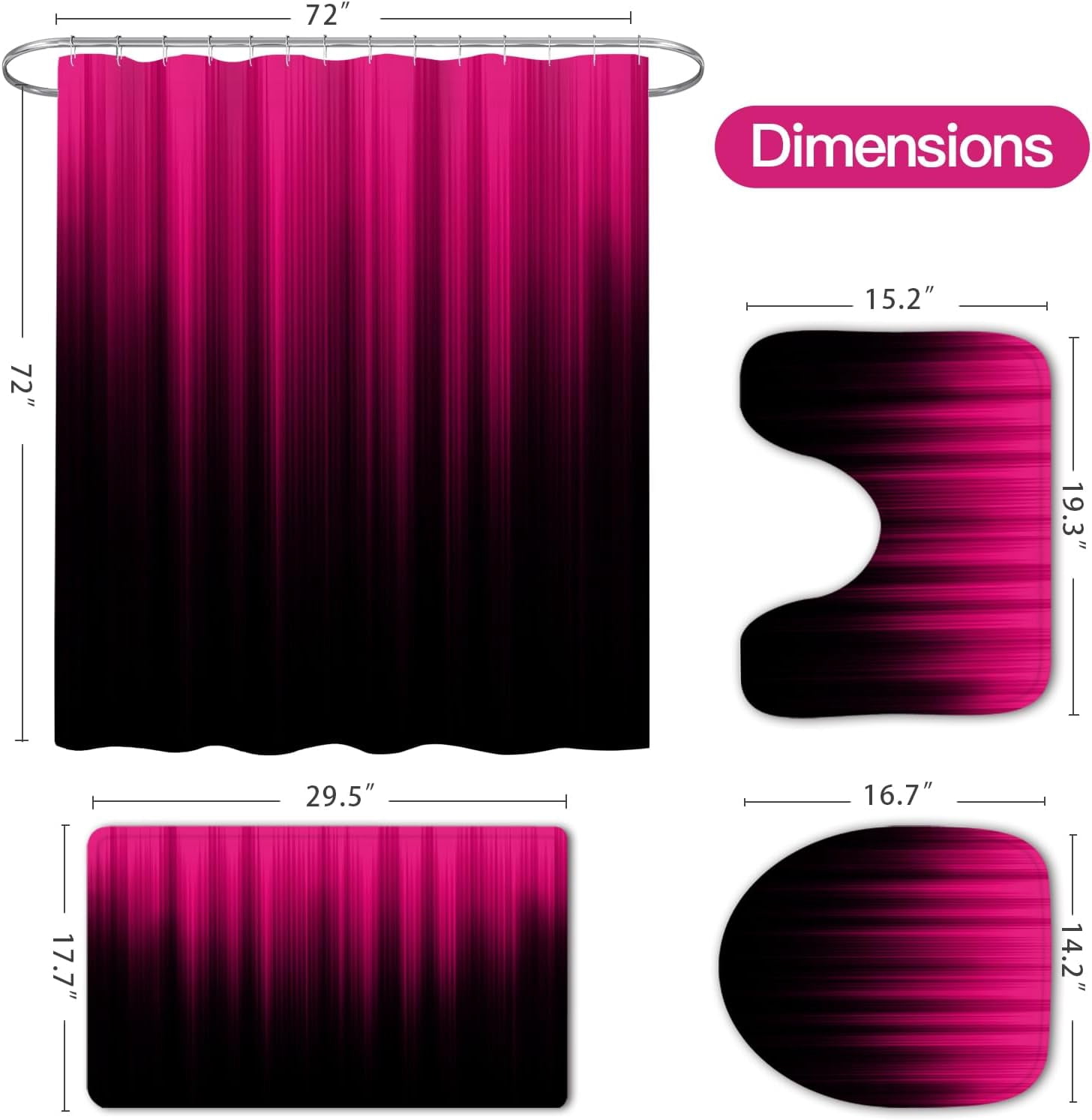 Red and Black Gradient Shower Curtain Set with Rugs and Toilet Lid Cover, Modern Simple Waterproof Fabric Bathroom Set, Ombre Stripe Gothic Abstract Bathroom Decor Set Accessories
