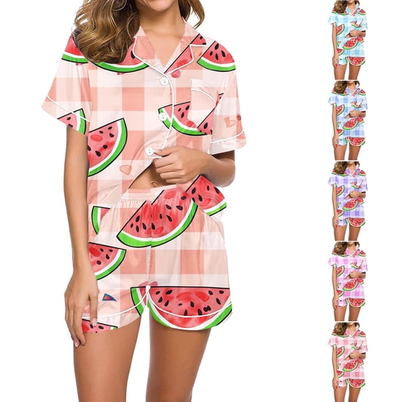 LOVZFMLL Pajama Sets for Women 2 Piece Gingham Watermelon Print Short Sleeve Button Down Shirt and Shorts Lounge Sets Comfy Soft Sleepwear Loungewear