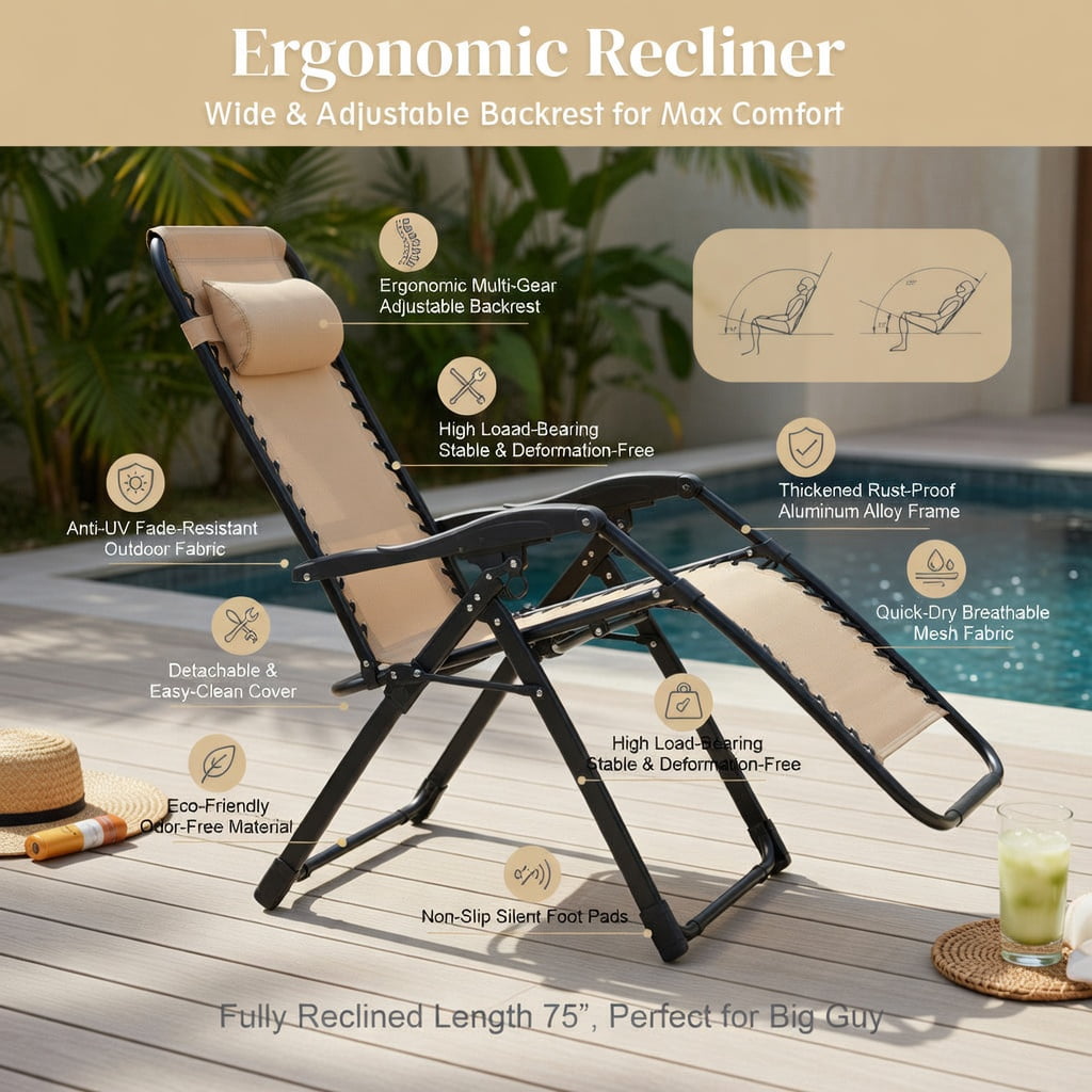 Hommoo Oversized Zero Gravity Lounge Chair with Cup Holder & Headrest Pillow, Heavy-Duty Outdoor Recliner for Backyard, Pool, Garden, Beige