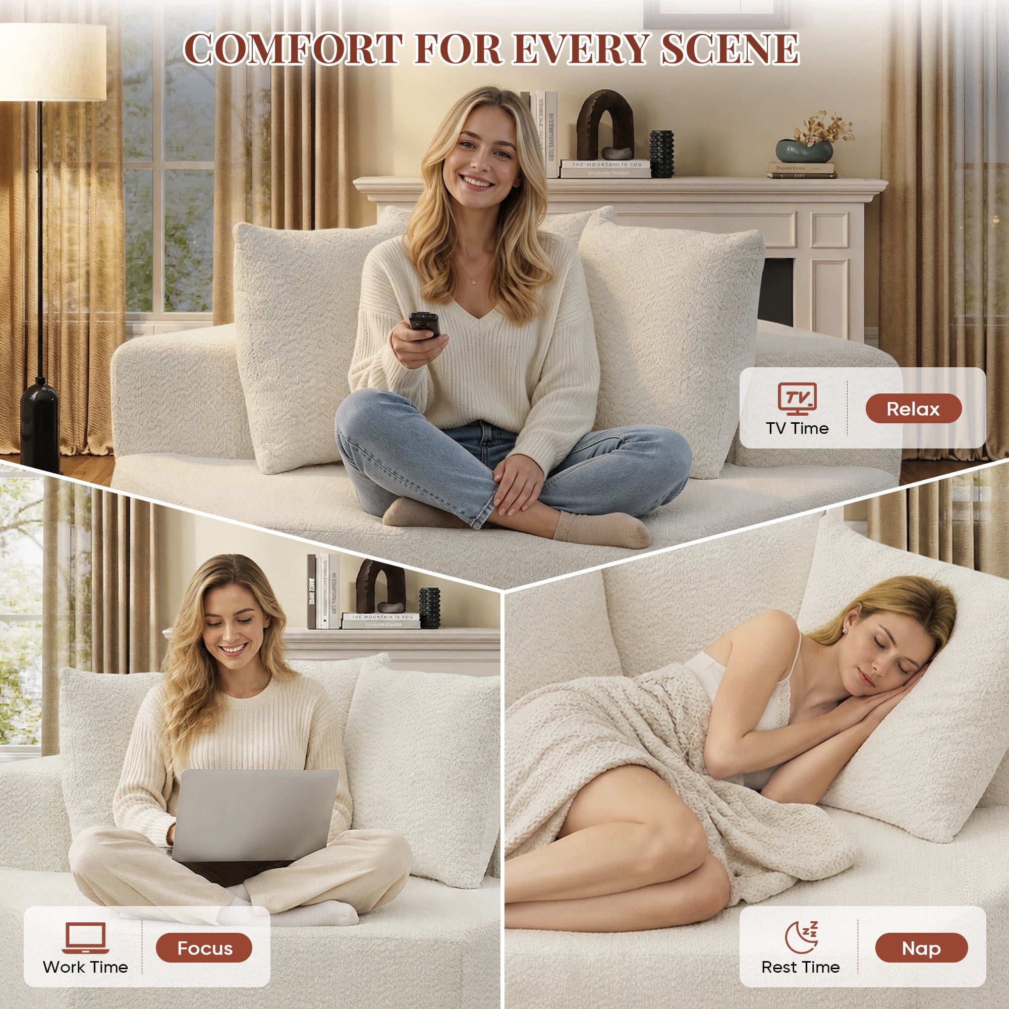 Lunale Oversized Boneless Chaise Lounge Chair Indoor, Round Cloud Couch, Accent Reading Chair for Living Room, Bedroom, Beige Chenille