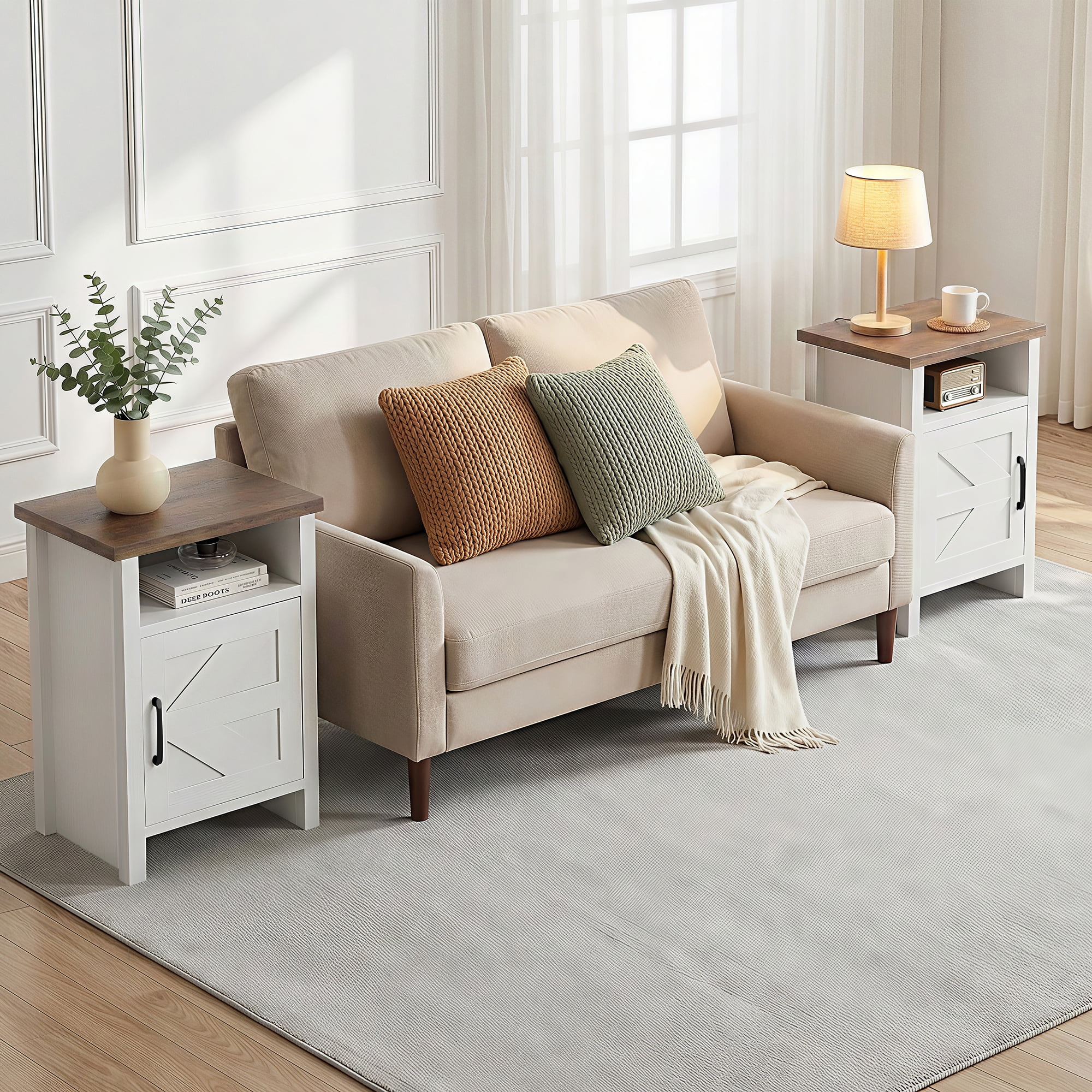 Homall Farmhouse Nightstand Set of 2 with Shelf and Barn Door Wood Modern Beside Tables for Bedroom Living Room, White