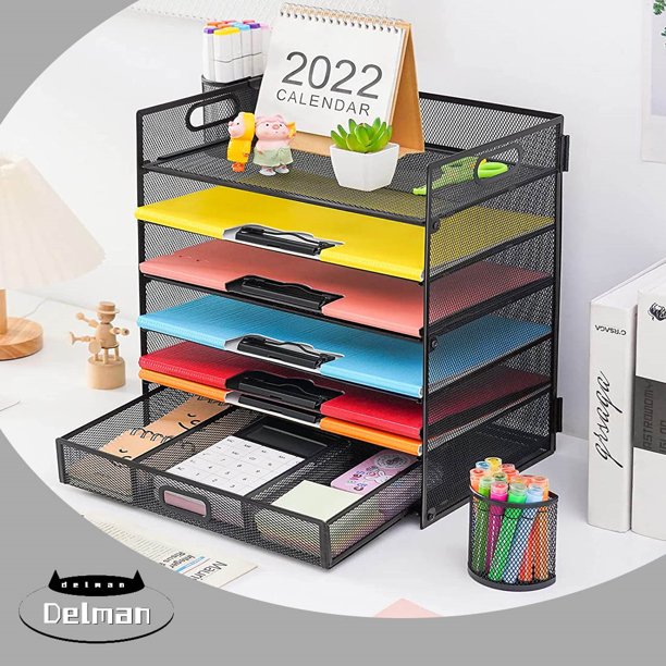 6 Tray Desk Organizer with Drawer, Mesh Paper Letter Tray Organizer with Handle and 2 Pen Holder