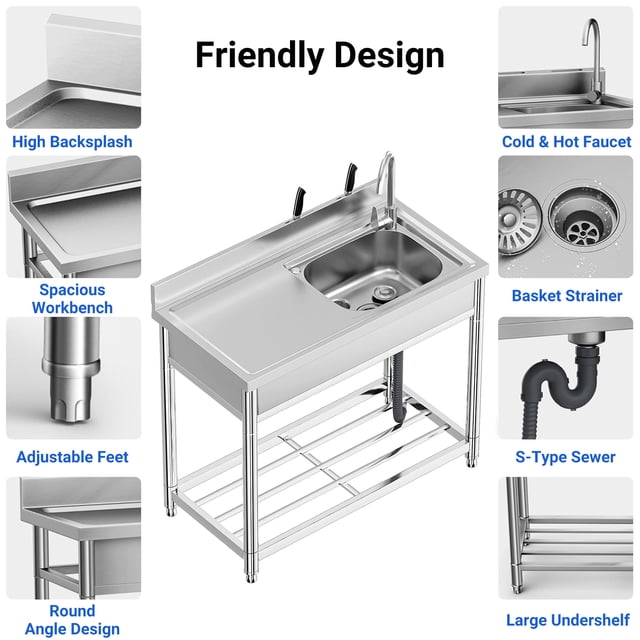 EDTara Lavabo Utilitaire Autoportant en Acier Inoxydable, avec Bol Simple Spacieux, Tablette de Rangement sous le Lavabo, Plateau d'Égouttement et Robinet d'Eau Chaude/froide, Convient au Garage, au Restaurant Ou à la Buanderie