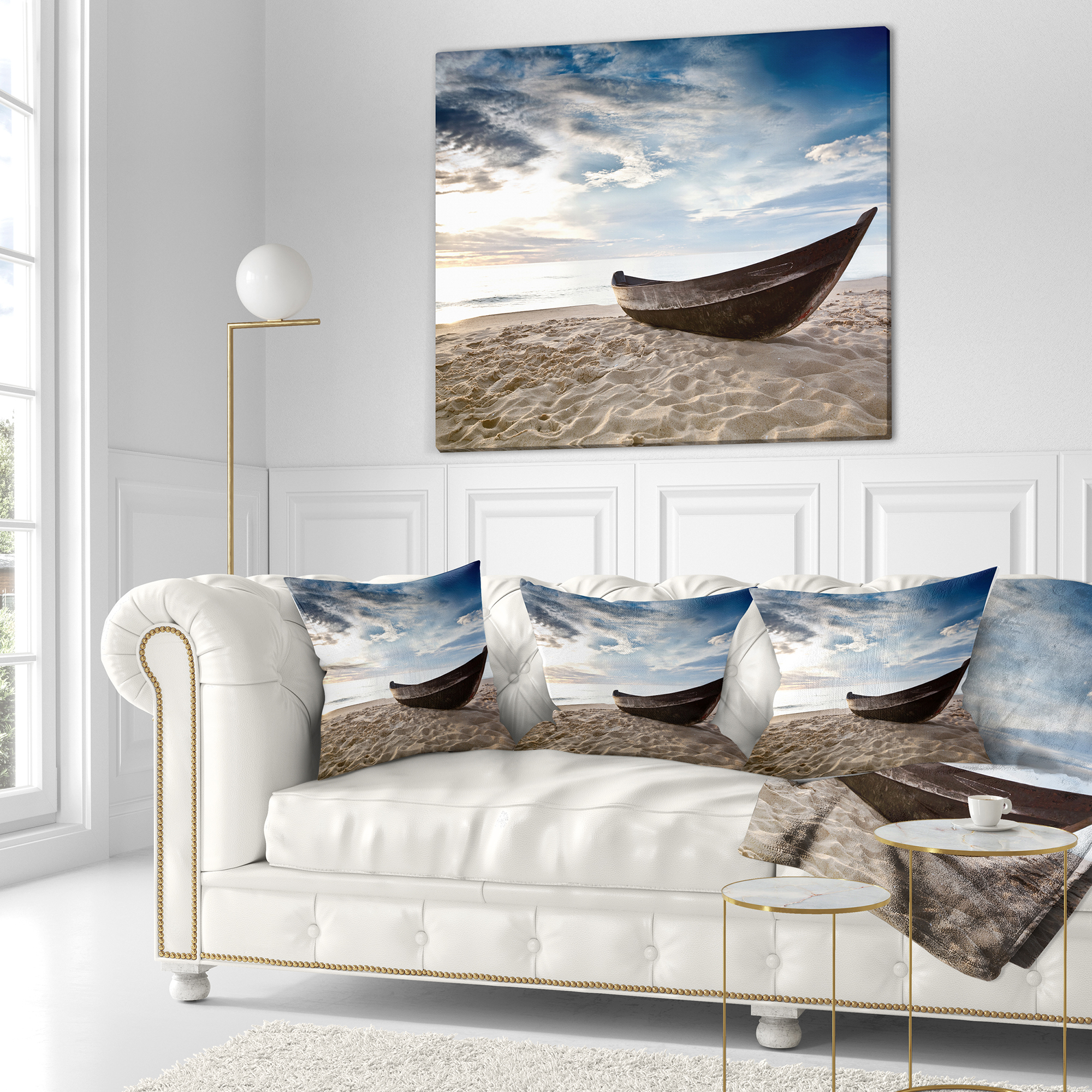 Designart Old Fisherman Boat - Seashore Photography Throw Pillow - 18x18