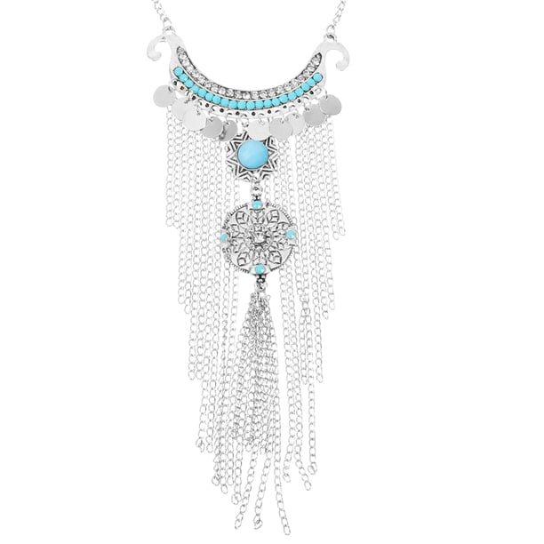 Cadena de collar de suéter de aleación ajustable con colgante estilo borla vintage para mujer (azul + plateado)