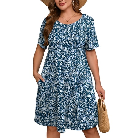 SHOWMALL Women's Plus Dresses Short Sleeves Floral Casual T-Shirt Dresses with Pockets 3X Navy Blue Vertical Floral