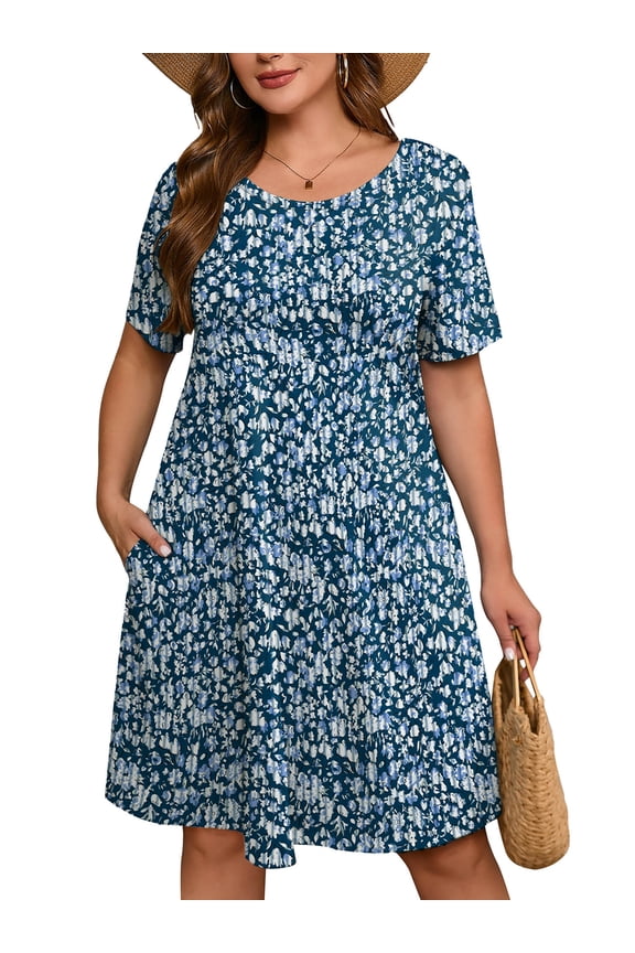 Women's Plus Dresses Short Sleeves Floral Casual T-Shirt Dresses with Pockets 3X Navy Blue Vertical Floral