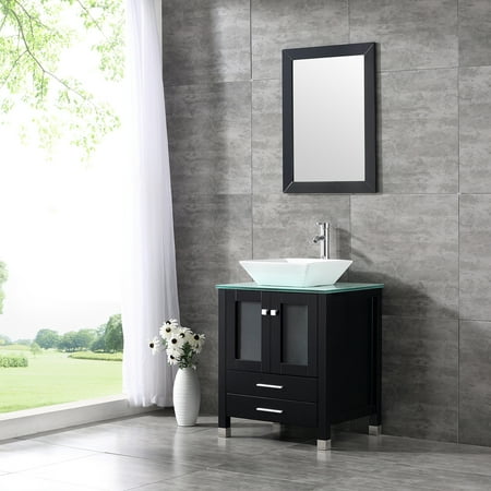 24'' Wood Bathroom Vanity Cabinet Tempered Glass Countertop Ceramic Sink w/ (Best Countertop For Bathroom Vanity)