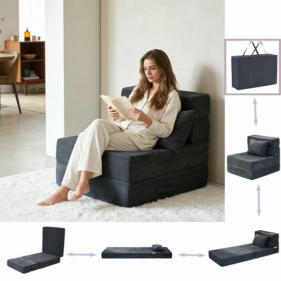 Jakoola Folding Sofa Bed, Convertible Floor Couch, Portable Chair for Living Room and Small Spaces, with Fitted Bag and Pillow, Gray, Single