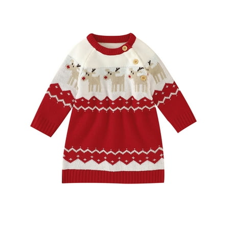 

Frontwalk Baby Cute Elk Print Party Dress Knitted Ribbed Knit Knitwear Long Sleeve Festival Dresses Red 80cm