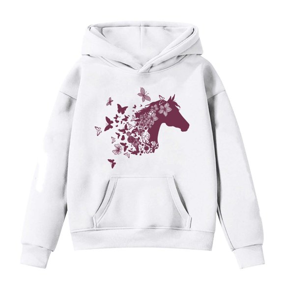 Wangmeiwg Themed Girls Long Sleeve Hooded Sweatshirt with Horse Print Design for Outdoor Play and Casual Comfort 6-7 Years White