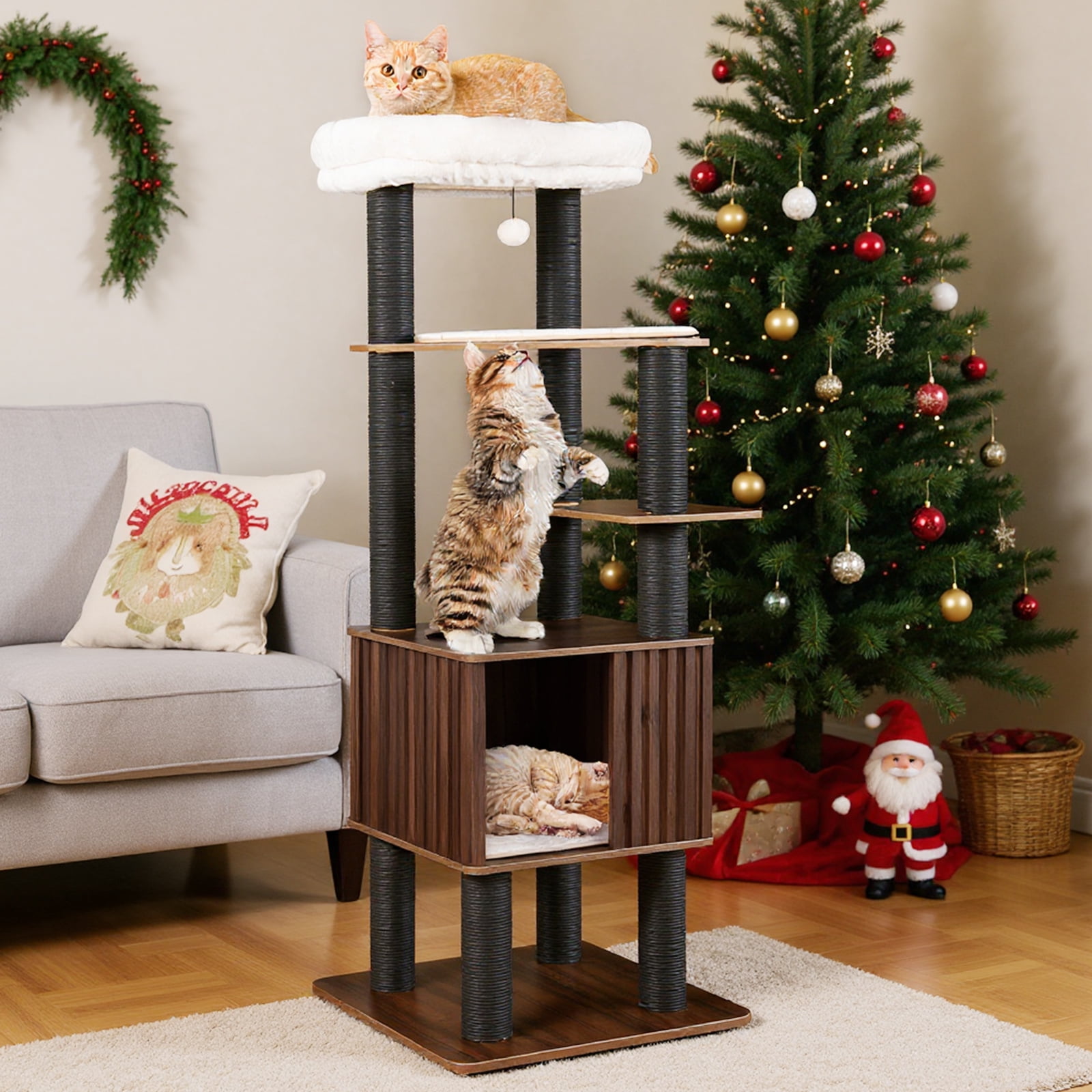 Gymax 64'' Tall Cat Tree for Indoor Cat Wooden Cat Tower Top Perch w/ Soft Padding Large Fence Style Cat Condo