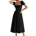 thumbnail image 1 of ZAXARRA Robe Longue d'Été pour Femmes Couleur Unie Manches Courtes Col Carré Froncée Robe de Soirée, 1 of 6