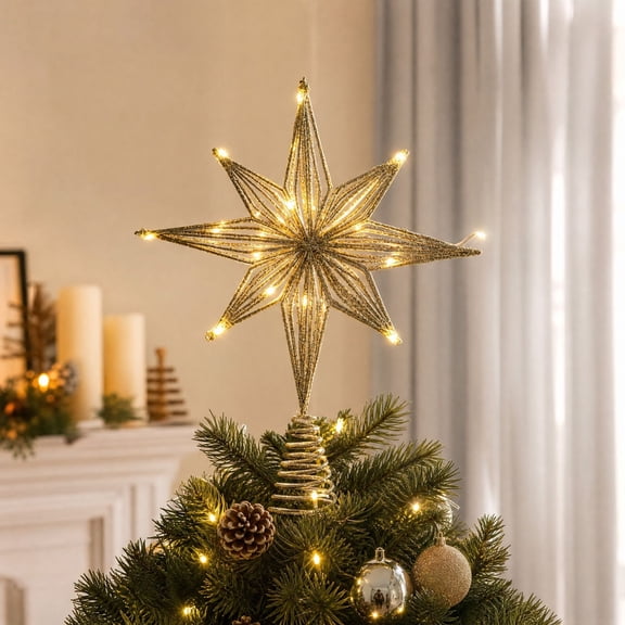 Christmas Tree Topper 8 Point Star with Warm LED Lights and Glitter Finish, Iron Holiday Tree Top Decoration for Festive Home Decor