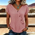 thumbnail image 5 of Favoffer Women's Plaid Pullovers V Neck Short Sleeve Button Placket Grid Weave Loose Silhouette Daily Shirts Picnic Gathering Weekend Rest, 5 of 8