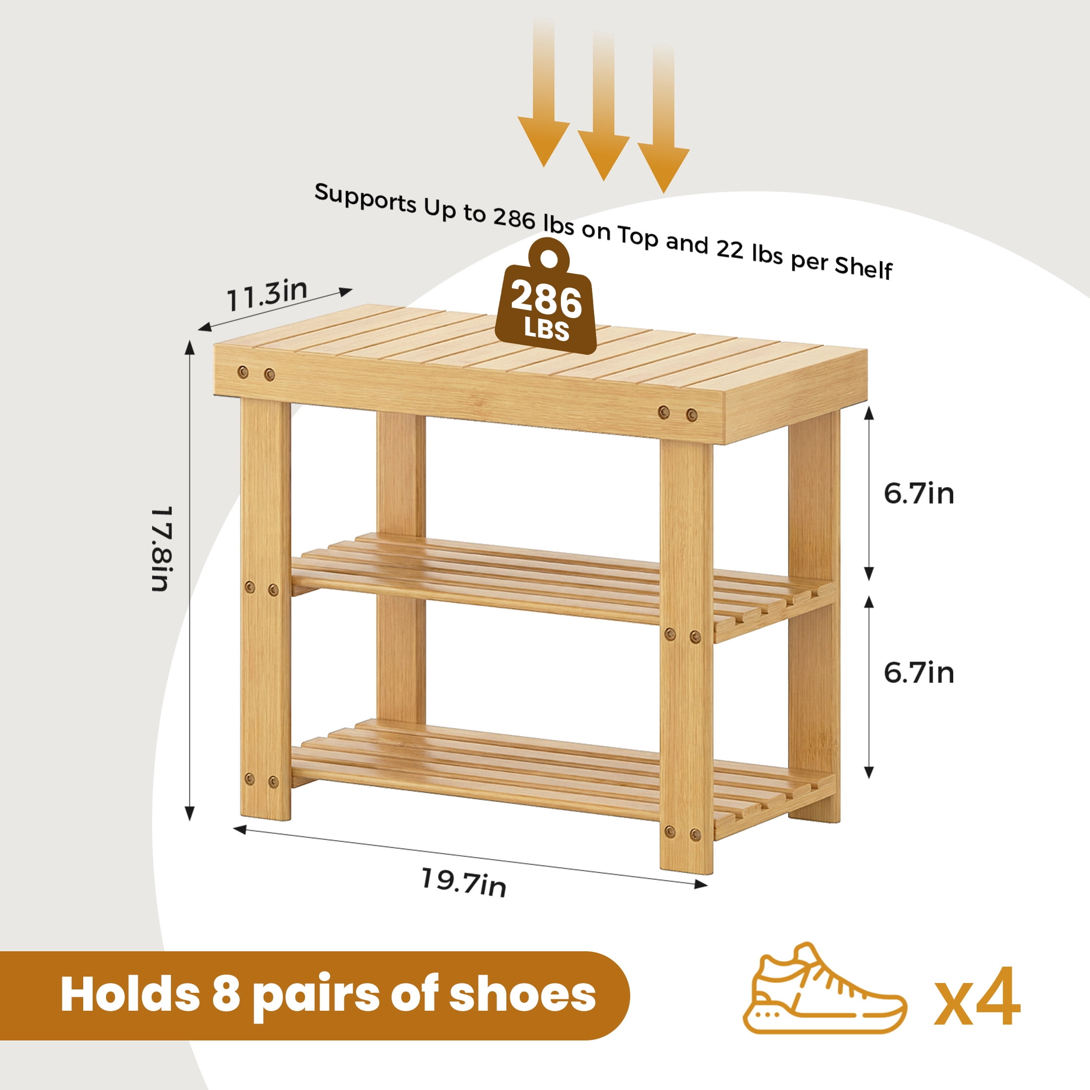 CONCETTA 19-In Bamboo Shoe Rack & Bench, 3-Tier 280 lb Capacity Storage Organizer for Entryway, Living Room, Balcony, Wood
