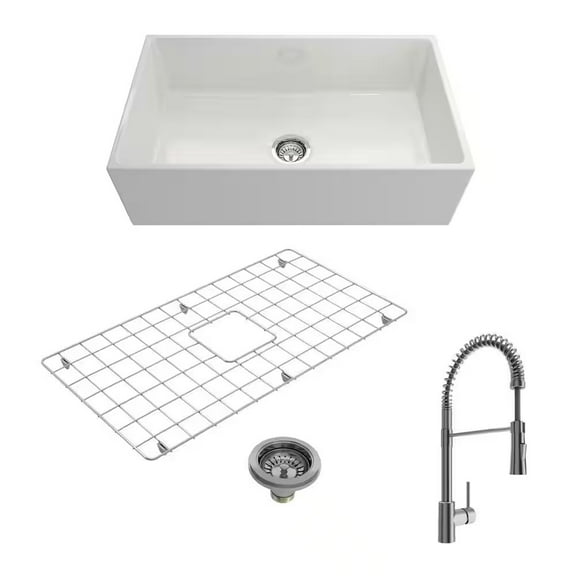 BOCCHI 1352-001-2020SS Contempo Apron Front Fireclay 33" 1 Bowl Kitchen Sink Kit
