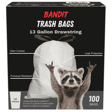 Bandit Trash Bags | 13 Gallon Trash Bags | Tall Kitchen Drawstring | Unscented Bags | 100 Count