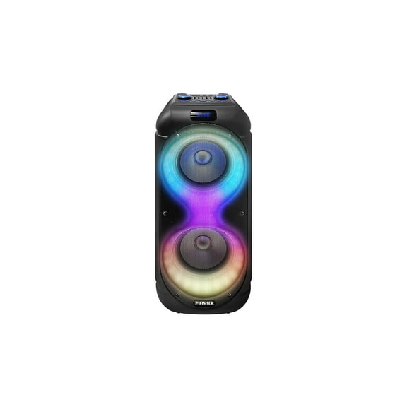 Fisher Portable Bluetooth Wireless Speaker System: Dual 8" Subwoofer 80W Peak Power|Loud HD Deep Bass Sound & LED Lights, Rechargeable Karaoke, TWS Pairing, USB Port, TF, AUX, FM Radio & Handle Bar