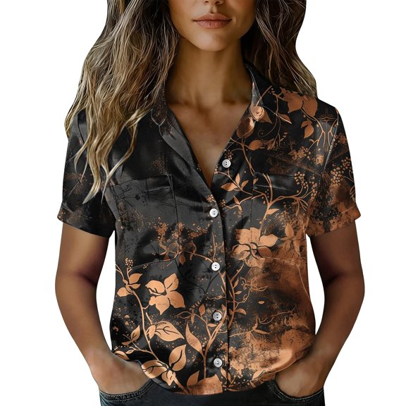 QASIEATN Women's Retro Shirt Women's Satin Printed Short Sleeved Shirt Vacation Style Shirt