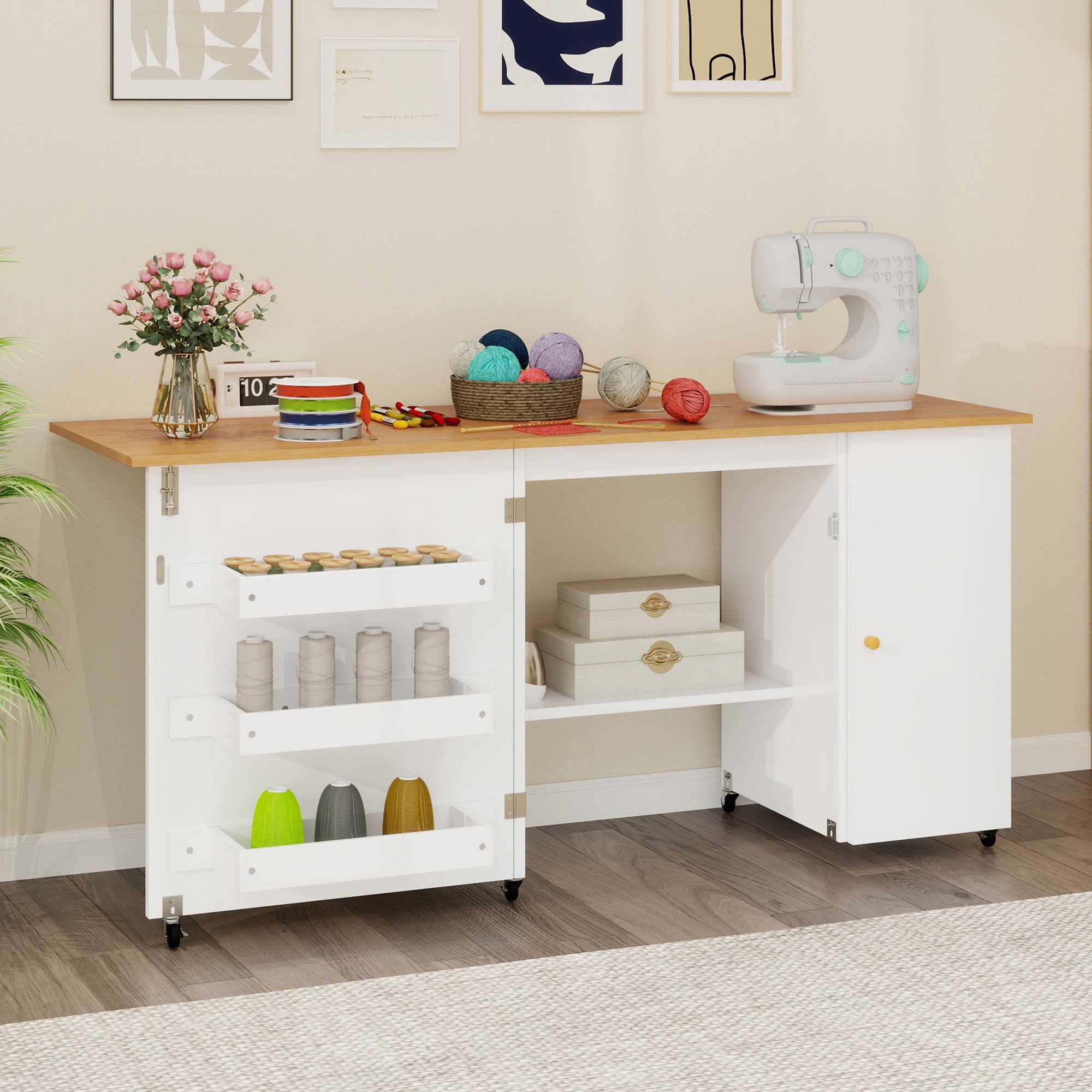 Uforic Folding Sewing Table with Charging Station, Storage Shelves & Lockable Wheels, White & Oak for Home or Craft Rooms