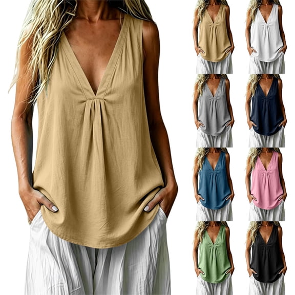 Breezora Womens Summer Loose V Neck Sleeveless Tank Top Solid Lightweight Breezy Casual Blouse