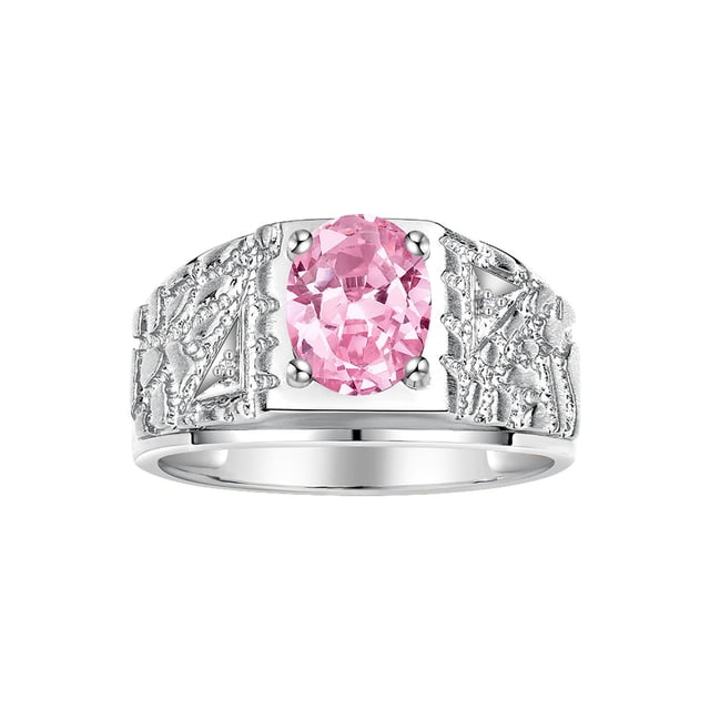 RYLOS Men's Rings 14K White Gold Designer Nugget Ring Oval 9X7MM Gemstone & Diamonds Pink Ice October Birthstone Rings For Man Size 13