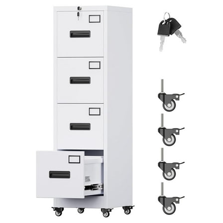 4 Drawer File Cabinet with Wheels, Lockable Metal Filing Cabinet with Name Card for Office and Home,Required Assembly,White